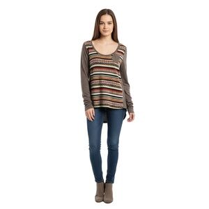 LOVE/TREE Knit‎ Top Womens Medium Brown High Low Lightweight Rouched Fair Isle